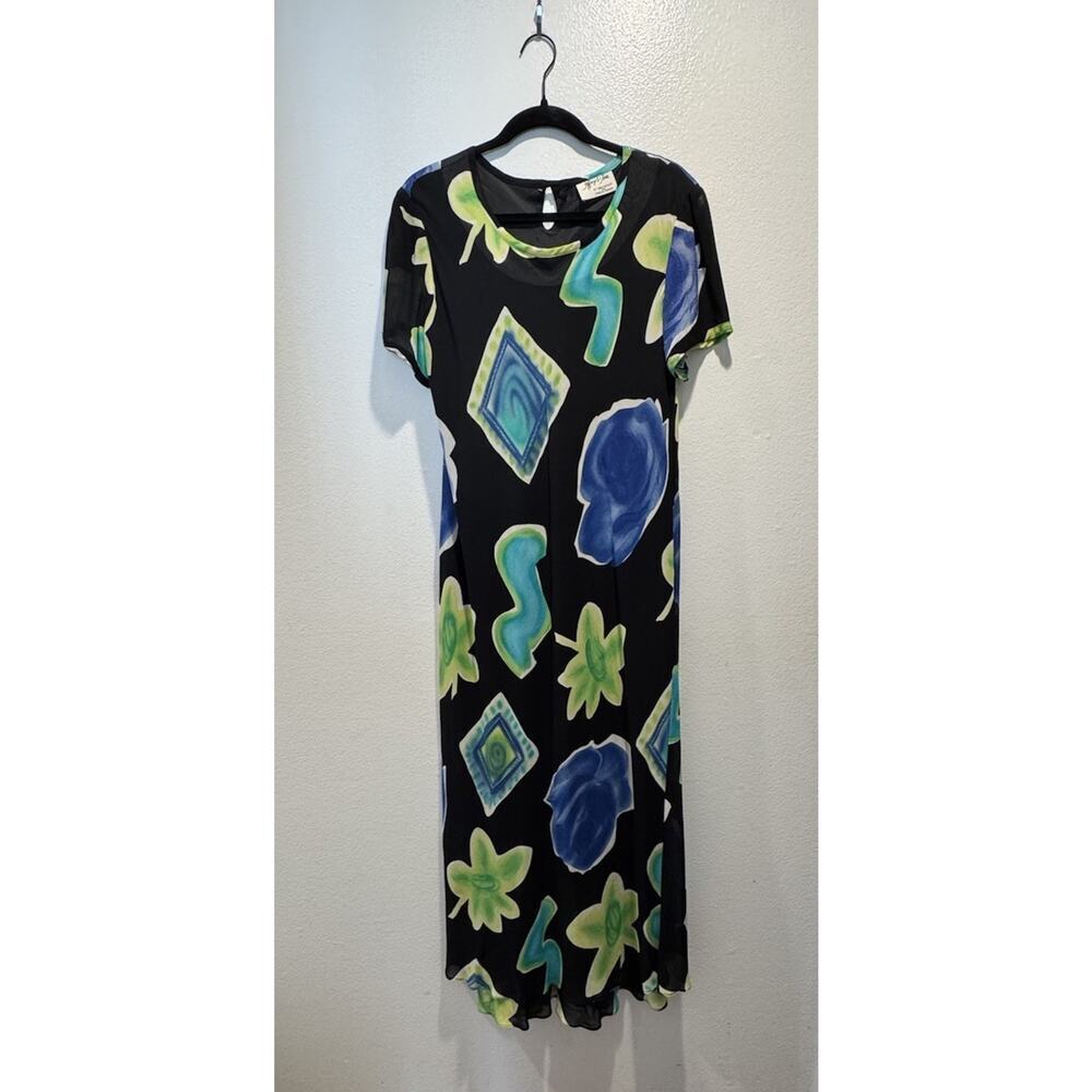 Vintage Jeffrey &‎ Dara Maxi Dress Womens Artsy Bold Print Short Sleeve Colorful